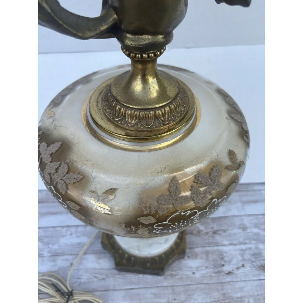 VTG MCM Hollywood Regency Brass Cherub Lamp Iridescent Glass Marble Base Tall